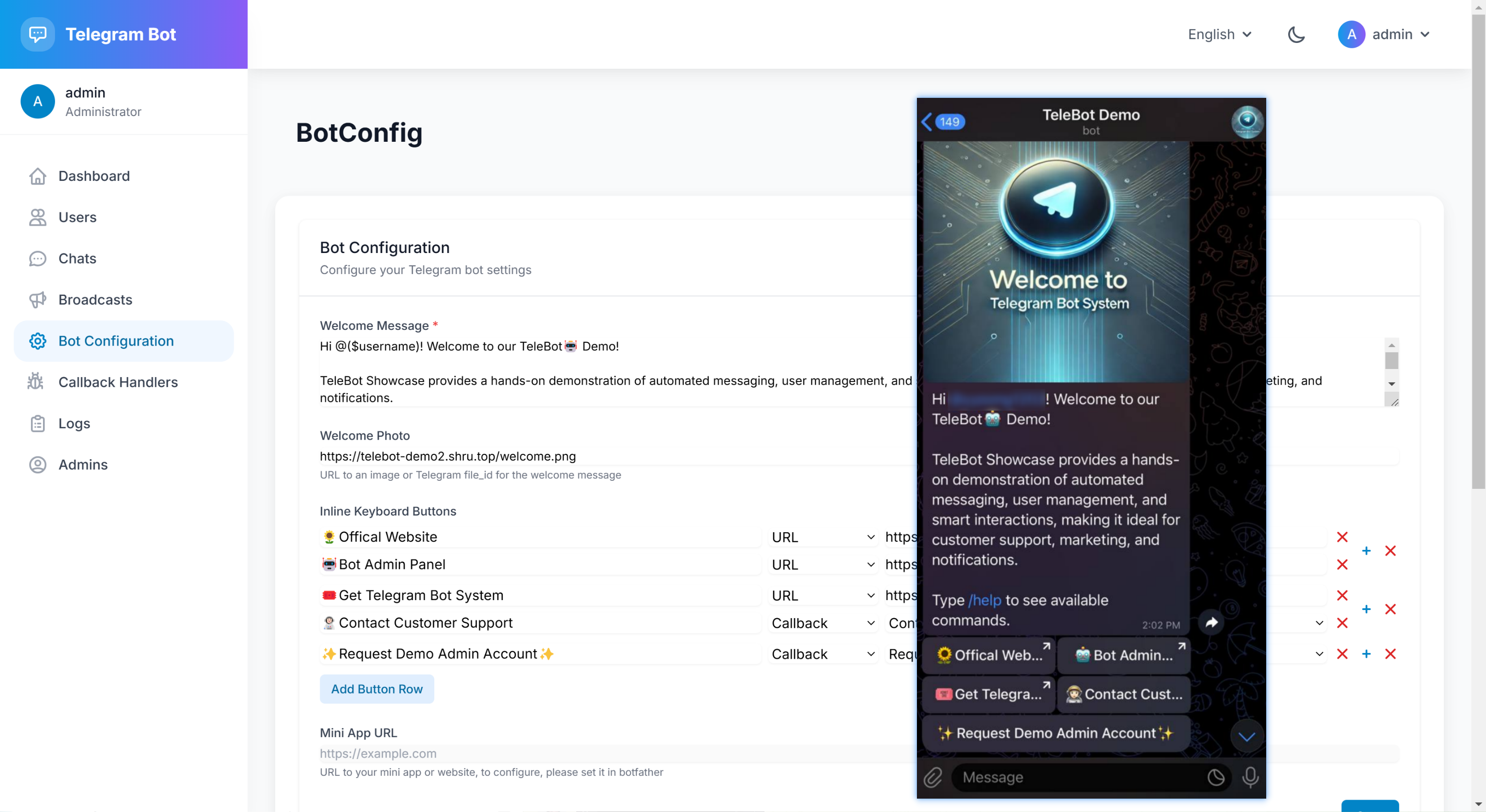 Telegram Bot Dashboard - Settings